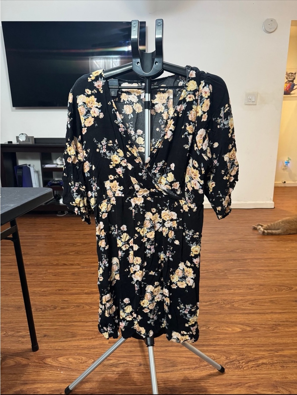 Xhilaration Black Floral V-Neck Mini Dress with Cream Blooms